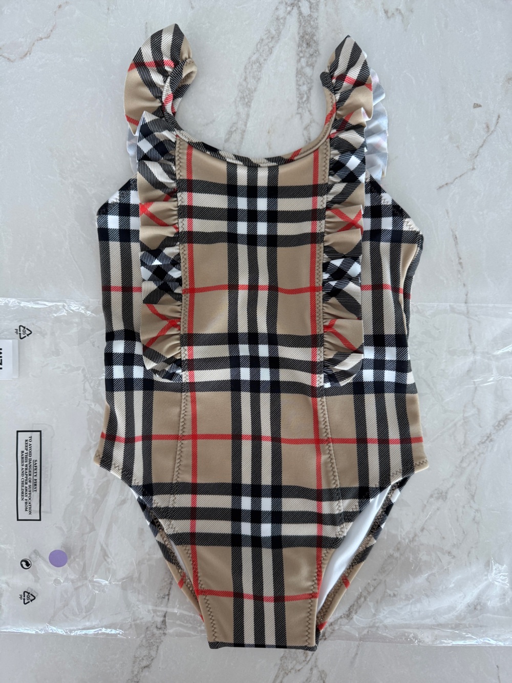 Burberry Ruffle Trim Check Swimsuit